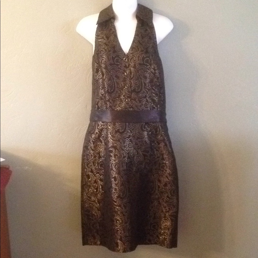 Black & Gold Halter Jacquard Spense Dress